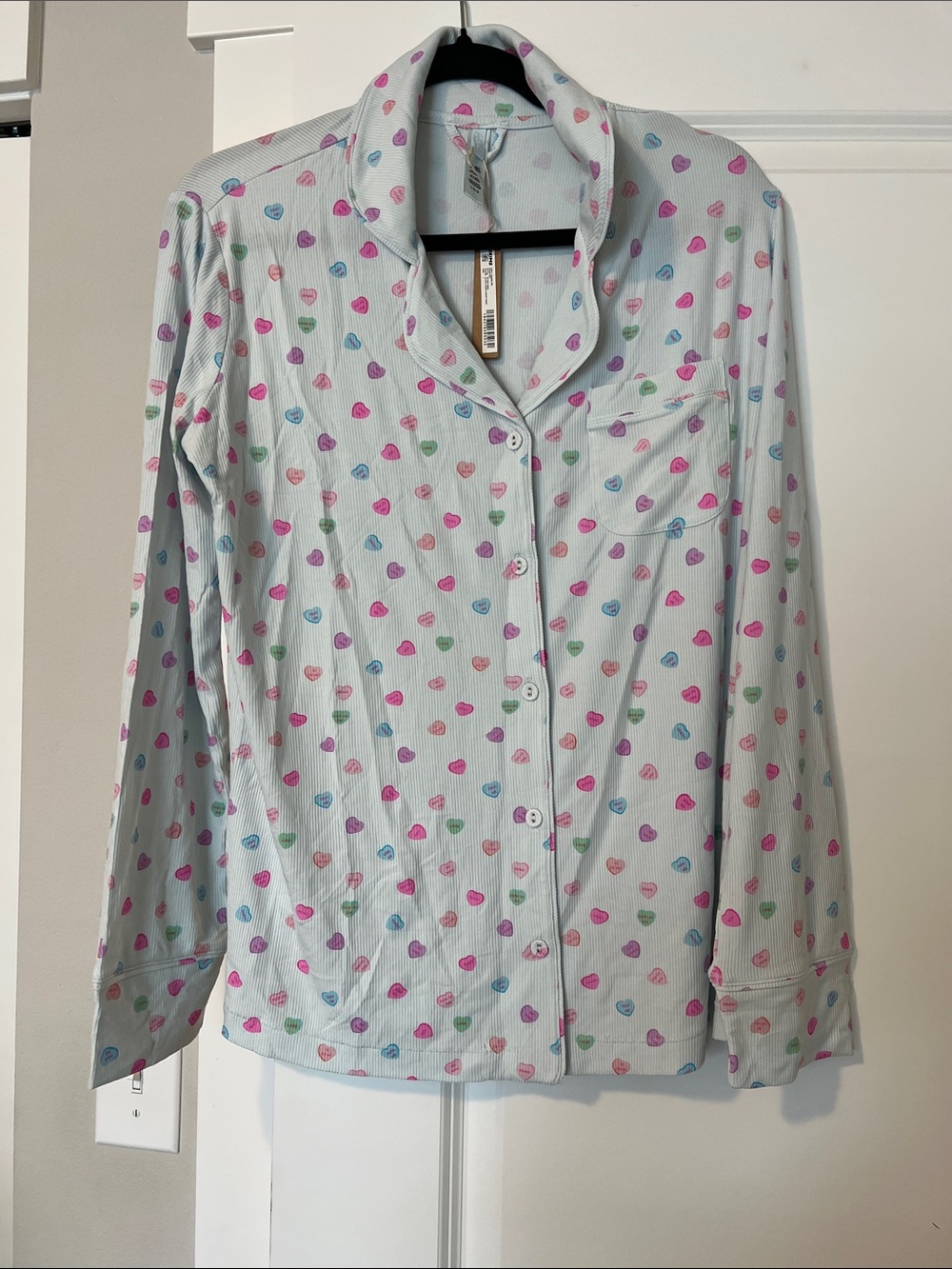 SKIMS Light Blue Heart-Print Button-Up Top size L NWT